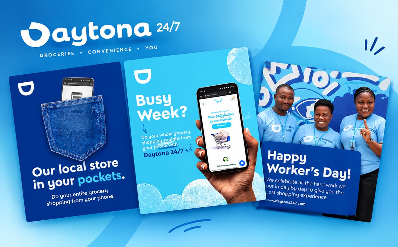 Three Daytona 24/7 social posts promoting phone grocery shopping and celebrating Worker's Day