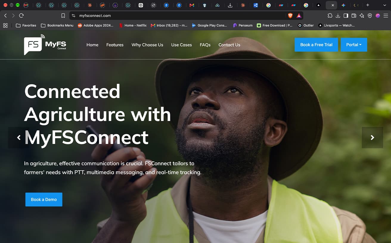 MyFSConnect homepage hero reading "Connected Agriculture with MyFSConnect" over a farmer using a radio