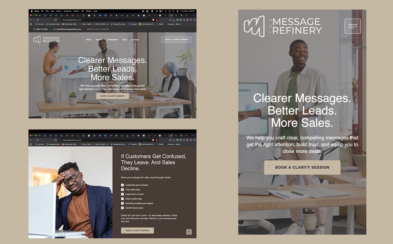 The Message Refinery website hero and problem section on desktop, with the mobile hero alongside