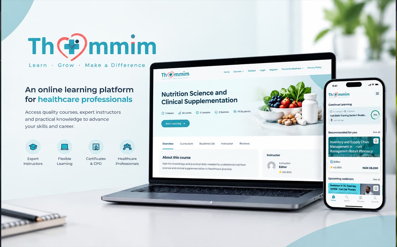 Thummim learning platform shown on a laptop course page and a mobile dashboard